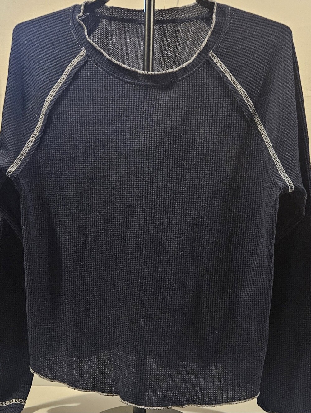 Women's Navy Waffle-Knit Crewneck Top